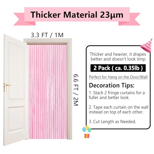 Image of Thicken Pastel Pink Party Backdrop 2 Pack 3.3x6.6 ft, Baby Pink Tinsel Foil Fringe Streamers for Baby Shower, Birthday, Princess, Tea, Valentines, Bow Themed Party Decorations
