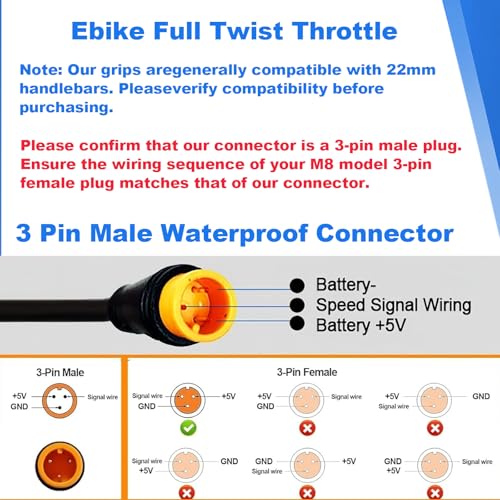 Image of Ebike Full Twist Throttle for Macfox, 3 Pin Surron Style Throttle Grip Kit 12V-72V Compatible with HappyRun Freego Heybike Electric Dirt Bike