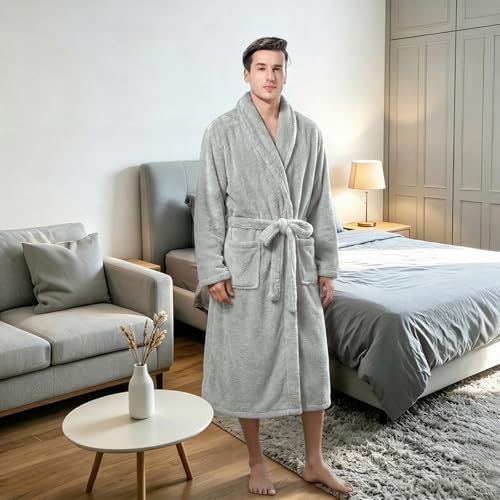 Image of Inner Wish Mens Plush Fleece Robe, Highly Absorbent Cozy Warm Bathrobe Fuzzy Male Spa Long Robe With Pockets