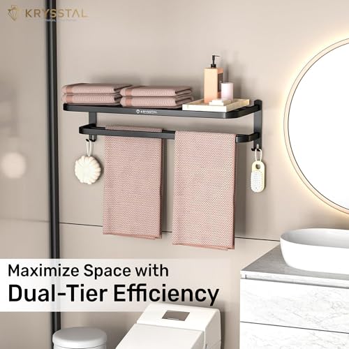 Image of Towel Holder in Bathroom - Towel Hanger for Wall,TwinFlex 304 Stainless Steel Foldable Towel Rack, Rustproof Wall Mounted Bathroom Shelf with Hooks, Heavy Duty Bathroom Accessories,24 Inch, Black