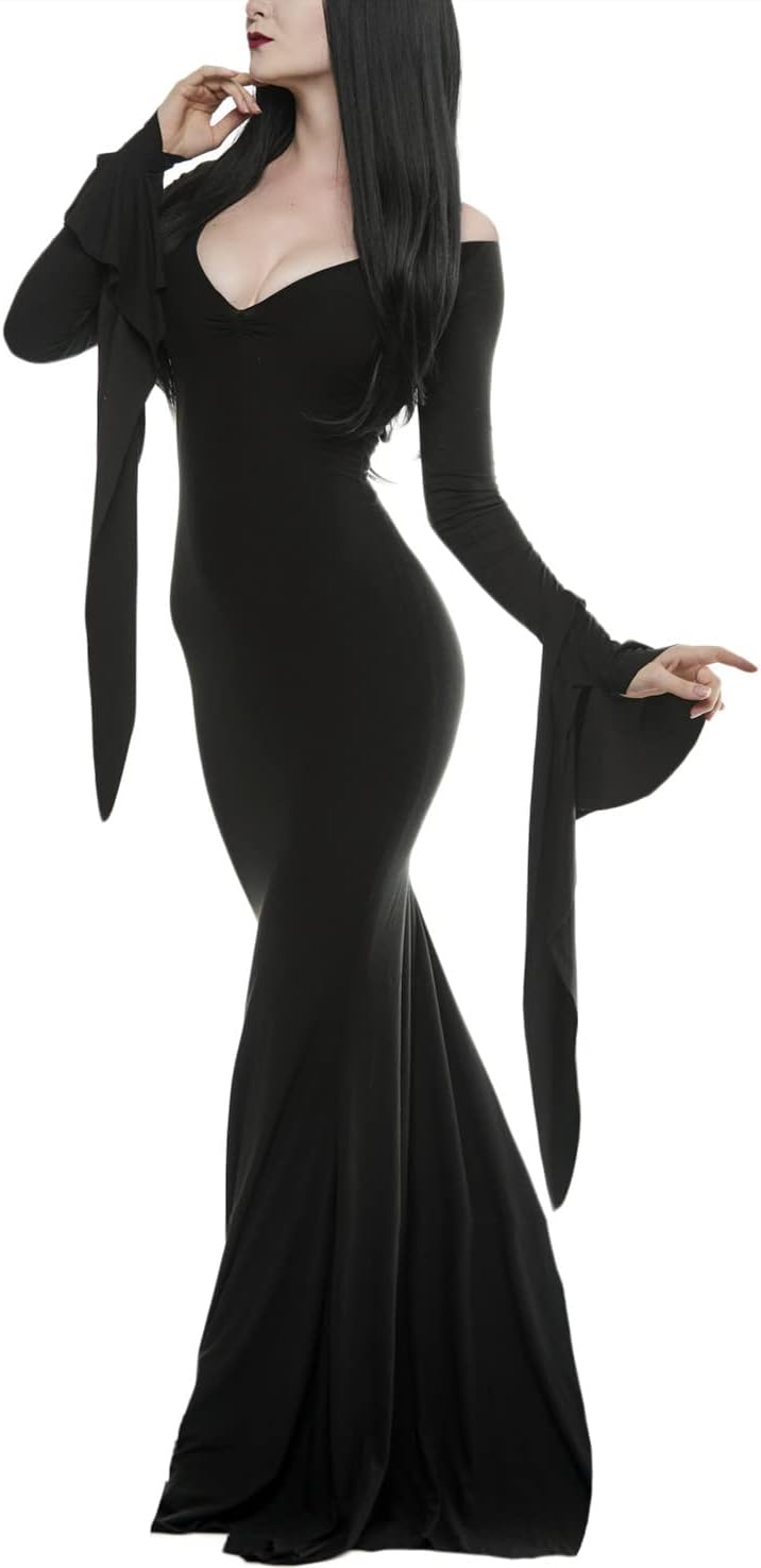 Oumbivil Adult Black Dress for Halloween Costume Women Black Gothic Dress for Witch Costume Halloween Dress Up