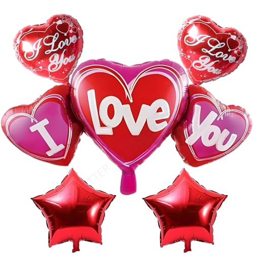 Image of KITTER I Love You Balloons for Decoration - Heart Balloons Set with 2 Red Stars, 1 Big Heart Foil Balloon & 2 inchI Love You inch Balloons for Romantic Occasions