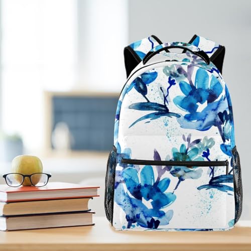 Sac à dos d'école résistant fleurs aquarelles bleues pour ados