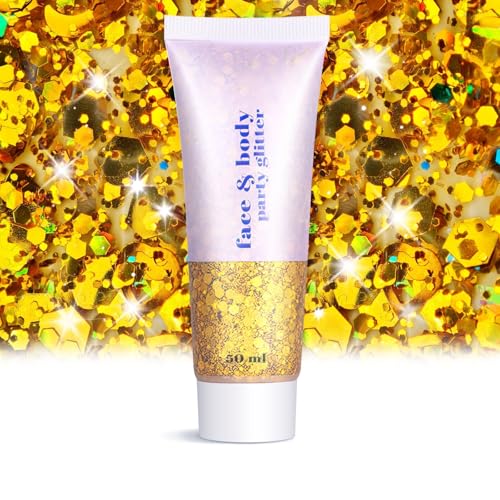 Face Body Glitter - Hair Glitter Sparkles Chunky, Temporary Tattoos Adult, Holographic Face Paint for Singer Concerts Disco Festival Rave, 50ml (Gold Body Glitter)