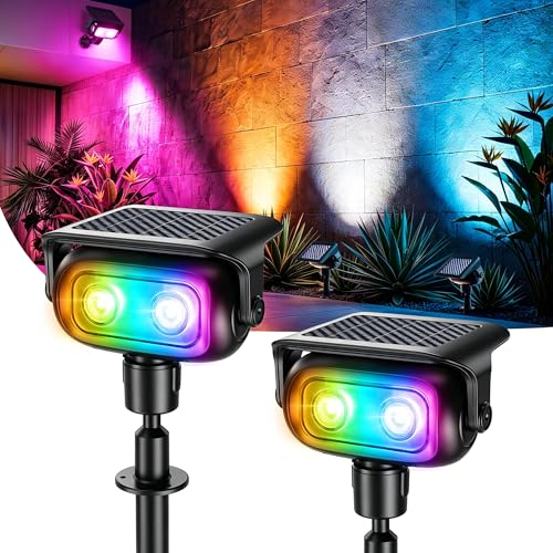 Image of Brizled Solar Spot Lights Outdoor Landscape RGB Color Changing Spotlight | 360 Rotation Head; 9 Color & 11 Mode; IP65 Waterproof; Adjustable Height; Stake or Wall Mounted for Yard Tree Garden Pathway