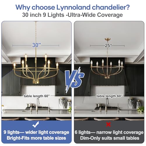 30" Gold Chandelier, 9-Light Modern Farmhouse Chandelier for Dining Room Lighting Fixtures Hanging, Candle Chandelier Light for Living Room, Kitchen Island, Bedroom and Entryway (Bulbs Not Included) - Thumbnail 3