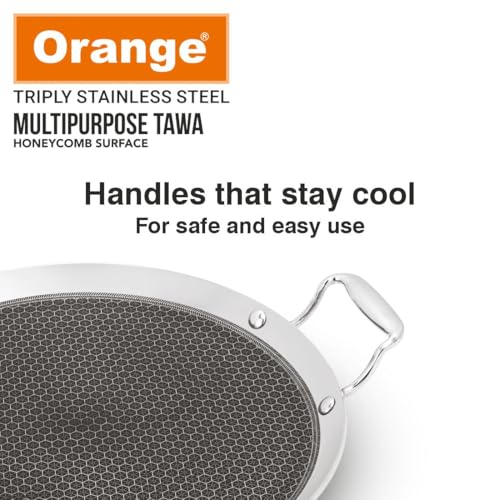 Image of Orange Triply Stainless Steel Round Multipurpose Tawa, 290 mm | Honeycomb Surface | 3.5 mm Heavy Thickness | Induction & Gas Compatible | Metal Spoon Friendly | Soft-Touch Handles | 5-Year Warranty