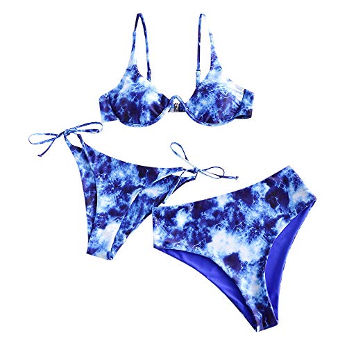 ZAFUL Women's Underwire Tie Dye Bikini Swimsuit Three Piece Bikini Set Swimwear Cobalt Blue