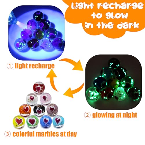Image of VEALIZUU 10 PCS Glass Marbles for Kids - 0.63inch Handmade Colorful Heart and Glow in The Dark Marbles - Games Accessories for Boys and Girls - Unique Bulk for Home Decoration