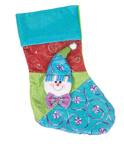 Clever Creations Plush Snowman Patchwork Christmas Stocking Red, Blue and Green Design | Stuffed Dimensional Face, Hat and Tie | Soft Embroidered Cloth | Festive Holiday Décor | Measures 16.5”