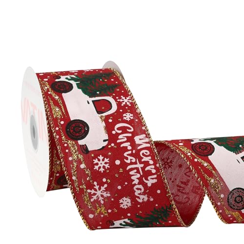 VATIN Red Truck Wired Ribbon with Truck and Merry Christmas Printed, 2-1/2-Inch x 10 Yards, for Gift Wrapping Bows and Party Decor