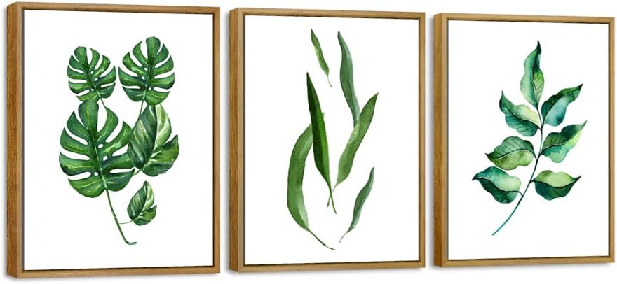 Pyradecor Framed Decor Green Leaves Botanic Canvas Wall Art Abstract Watercolor Pictures for Living Room Bathroom Wall Decor 3 Pieces Modern Stretched Artwork for Bedroom Decorations