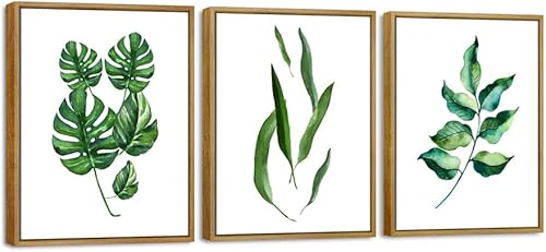 Pyradecor Lienzo enmarcado para pared, diseño botánico abstracto de hojas verdes, acuarela, 3 piezas, obras de arte modernas para dormitorio, sala