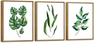 Pyradecor Framed Canvas Wall Art Green Leaves Botanic Abstract Watercolo...