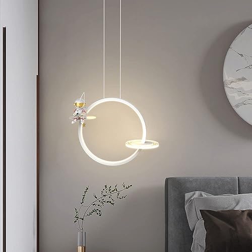 Miniatura 4 de Jadssox Lámpara colgante de anillo moderno para habitación de niños, lámpara LED colgante con astronauta de resina, mini candelabro redondo para