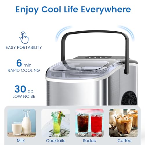 Image of Electactic 9 Cubes Ready in 6-8 Mins Countertop Ice Maker, 26.5Lbs per Day Stainless Steel Portable Ice Maker, Ice Maker Machine with Carry Handle, for Home /Kitchen /Camping /RV (Silver)