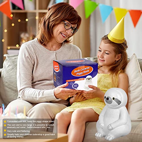 Image of Winsterch Ceramic Piggy Bank, White, Sloth Money Bank for Kids & Adults | 7.87 x 5.9 Inches, Large Capacity, Cute, Combines Educational and Decorative Functions, Saving Box Coin Bank Gift for Girls