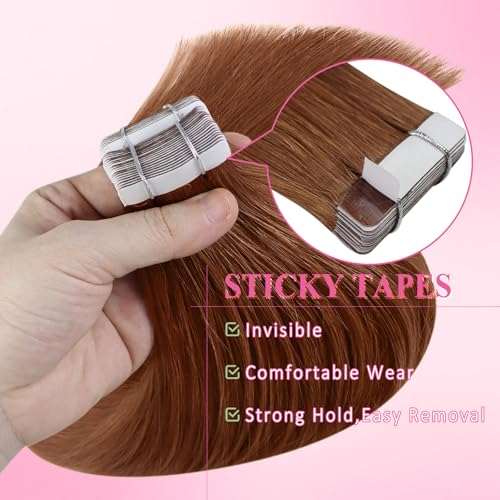 Image of YoungSee Human Hair Tape in Hair Extensions Copper 20 Inch Hair Extensions Tape in Copper Easy to Install Tape ins Human Hair Extension Colored Long Hair 20Pcs 50g