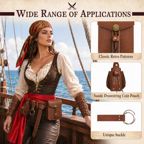 Image of Renaissance Pirate Belt Pouch with Coin Purse Skirt Hike Bracers | 8pack Medieval Viking Pirate Belt Pouch for Halloween Cosplay Ren Faire Accessories,Brown.