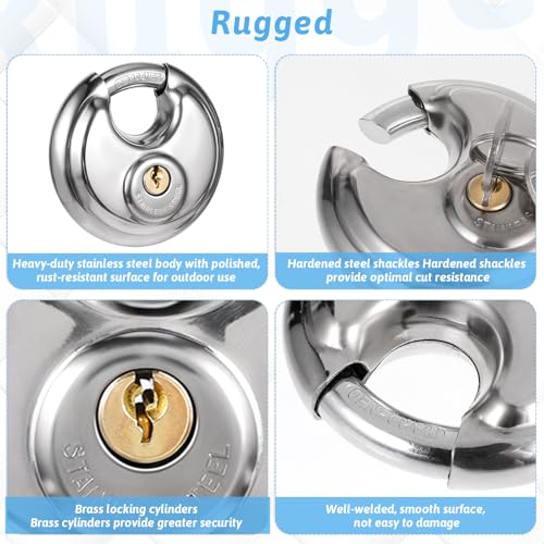 Image of 5 Pack Discus Padlocks Keyed Stainless Steel Heavy Duty Locks 2-3 /4 inch Wide Round Lock Waterproof Outdoors Storage Lock with Brass Keys for Storage Unit Gate Hasp Latch Outdoor Fence