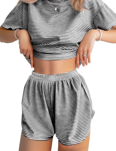 Image of JUSTFASHIONNOW Womens Pajama Sets Shorts Striped Print Two Piece Lounge Sets Crew Neck Sleepwear Split Shorts Set Soft Pjs