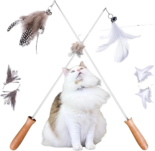 Juego de juguetes de varita para gatos, 2 varitas de plumas con 4 recambios intercambiables, alambre flexible de 27 pulgadas y mango de madera,