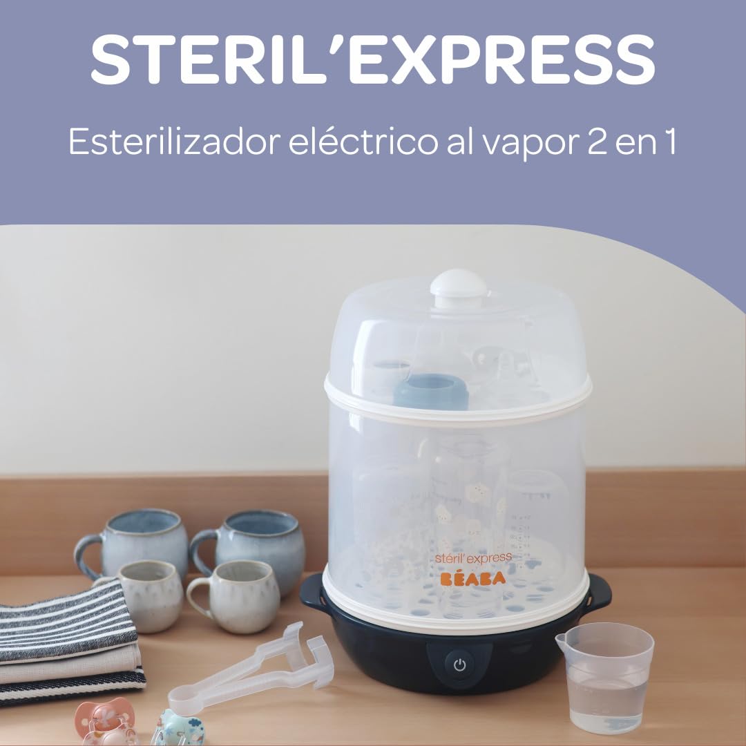 BÉABA, 2-in-1-Flaschensterilisator, Skalierbar, Elektrisch mit Dampf, 2 in 1, 2 Fächer, Bis zu 8 Flaschen & Zubehör, Ultra schnell, Zeitschaltuhr, Steril'Express, Night Blue