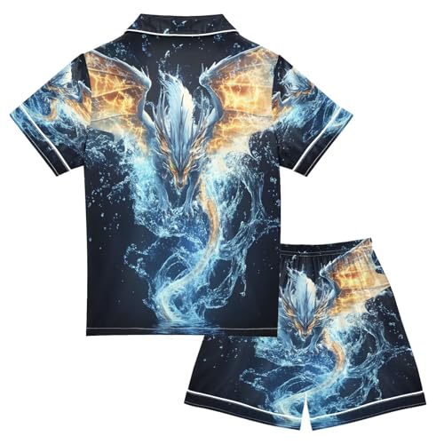 ALAZA Dragon Fantasy Blue Satin Pajamas Set Short Sleeve Button Down Sleepwear Summer Pjs 2 Piece2