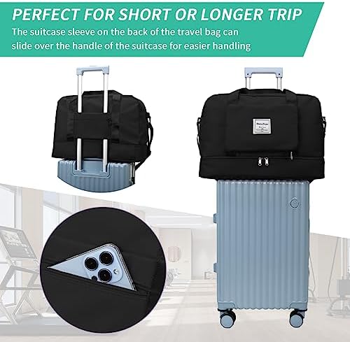 YUXES Foldable Travel Bags for Women, Gym Bag with Shoe Compartment and Shoulder Strap, Large Capacity Folding Duffel Trolley Sleeve, Waterproof Holdall Tote Weekend Overnight Hospital(Black)