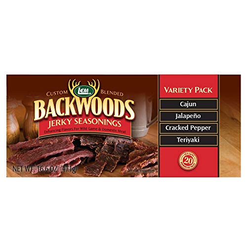 LEM Products Backwoods Jerky Seasoning Variety Pack, Includes Cajun, Jalapeno, Cracked Pepper, and Teriyaki Flavors, Ideal for Wild Game, 16.6 Ounce Package with Pre-Measured Cure Packet Included