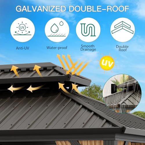 10x12ft Double Roof Hardtop Gazebo, Heavy Duty Galvanised Steel Hardtop Pavilion with Nettings and Curtains, Metal Roof Gazebo for Patio, Terrace, Lawn and Deck, Brown