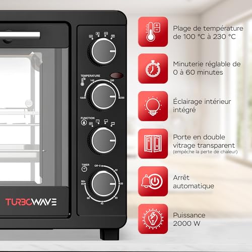 TurboTronic Four Compact avec Convection & Rôtissoire, 45L, 2000W – Mini Four Polyvalent pour Cuisson Rapide et Économique, Idéal pour Petites Cuisines et Camping – vue 5