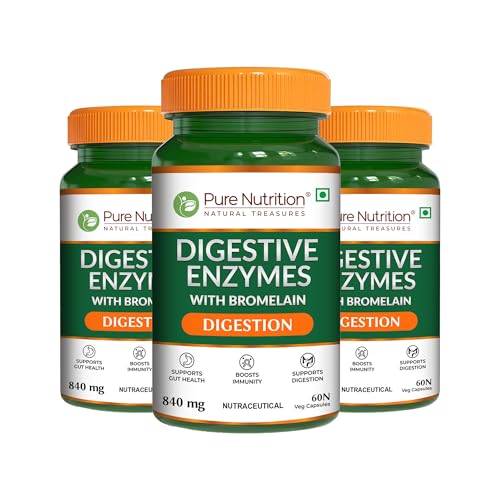 Image of Pure Nutrition Digestive Enzymes 665mg with Bromelain - 180 Veg Capsules (60x3) | Supports Digestion, Nutrient Absorption & Gut Health | Blend of Amylase, Lipase, Protease, Cellulase & Lactase | Eases Gas & Bloating