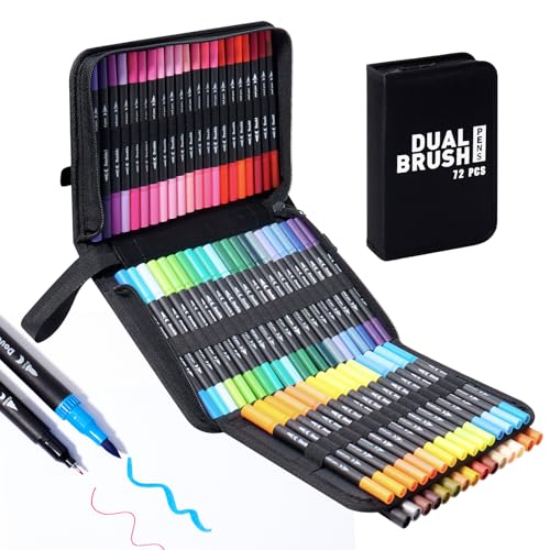 Hopesky 72 Colors Markers for Adult Coloring Books No Bleeding - Dual Tip Art Coloring Markers Set with Foldable Case for Drawing Painting Fine Tip and Brush Tip Water Based Brush Pens for Artists