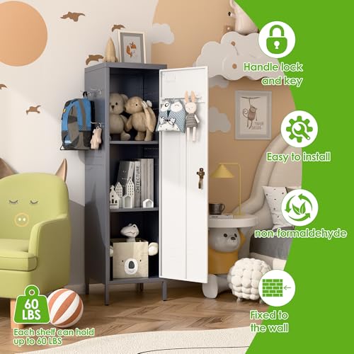 Image of Aobabo Metal Locker, 54 inch H Metal Storage Locker for Employees, Lockable 1 Door with Towel Rack and 2 Side Pegboards with Hooks for Home School Office Gym, Assembly Required (Gray White)