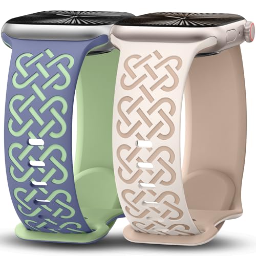 Minyee 2 Pack Engraved Bands Compatible with Apple Watch Band 42/44/45/46/49mm Women, Soft Silicone Two-Tone Celtic Sport Strap for iWatch Series 11 10 9 8 7 6 5 4 SE/Ultra 3 2 1,Cyan Blue/Lime