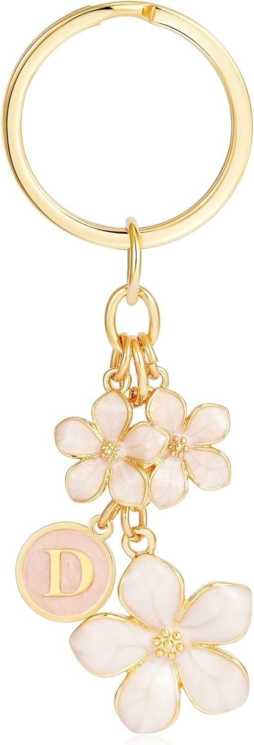 AIEIJJH White Flower Initial Keychain Bag Purse Charm, for 5-10 Year Old Girl Women, D