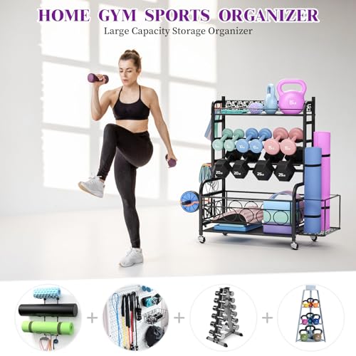 Weight Rack for Dumbbells, Dumbbell Rack Weight Stand, VOPEAK Home Gym Storage Rack for Yoga Mat Kettlebells and Strength Training Equipment, Weight Storage Holder Rack for Dumbbells with Wheels - Thumbnail 2
