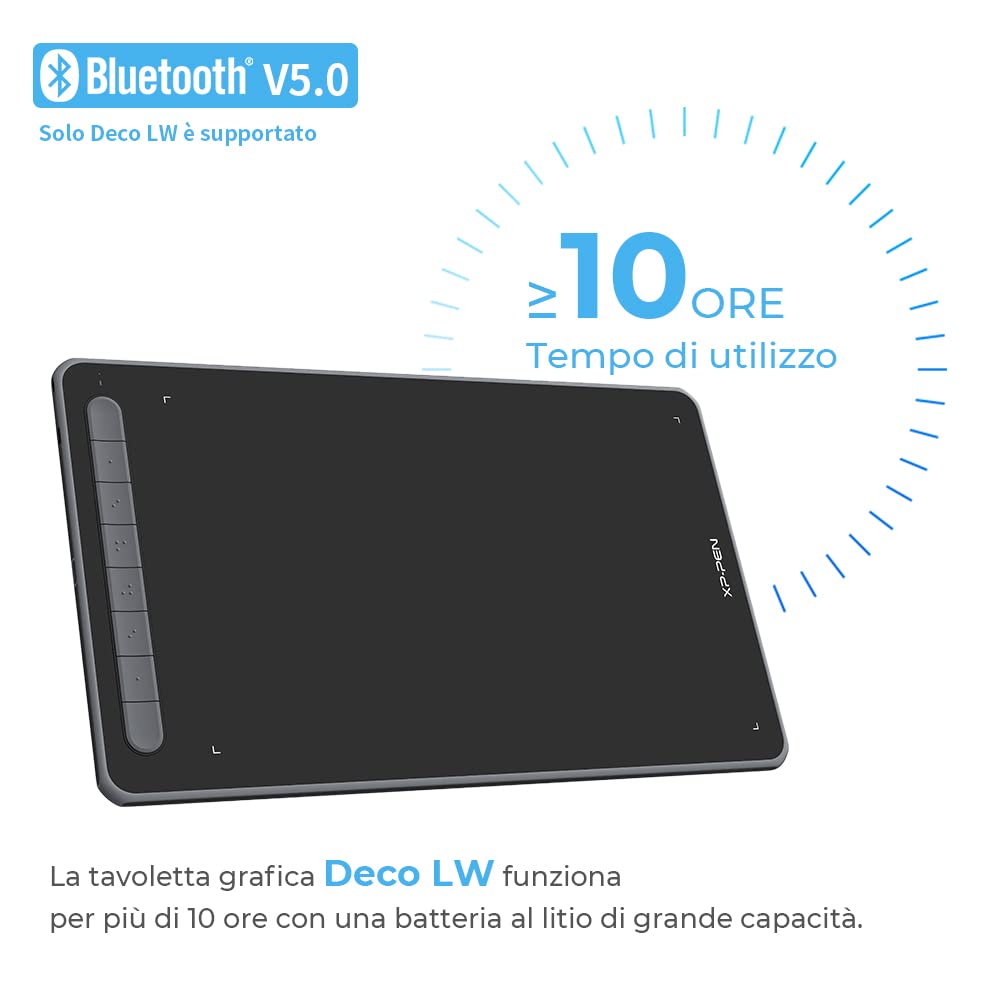 XP-PEN Deco LW Tavoletta grafica Bluetooth, 10"x6" Wireless con X3 Smart Chip, 60° Tilt con penna senza batteria (Nero)