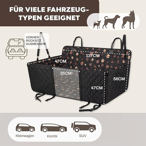 Hainberger Hundedecke Auto Rückbank Wasserabweisende Kratzfeste Autodecke für Hunde wasserdichte rutschfeste Autoschondecke mit Seitenschutz und Sichtfenster,4-in-1 Rücksitzschoner 137x147(mit Muster)