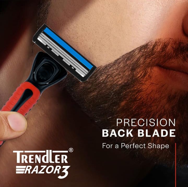 Image of 3 Blade Red Razor for Men with Free Stand - Smooth Shaving Razor, Anti-Slip Handle, 1 Handle + 3 Blade Cartridges.