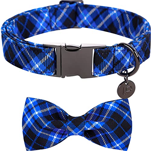 Image of Dog Collar with Bow Tie, Cotton Dog Bowtie Collar for Small Girl Boy Dog, Holiday Blue Dog Collar with Durable Metal Buckle, Cute Plaid Pet Collar, S, Neck 10-16in.