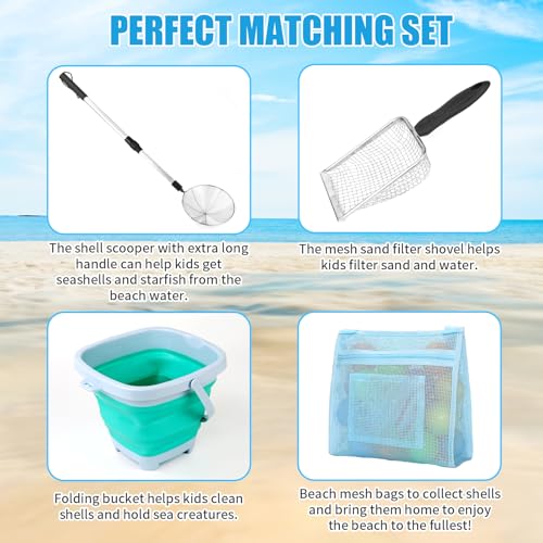 clbutge 5 PCS Shelling Tools for Beach Include 2 PCS Seashell Bag, Mesh Sand Sifter Shovel, Foldable Beach Bucket & Shell Scooper with Extra Long Adjustable Handle, Adult Kids Summer Beach Toys