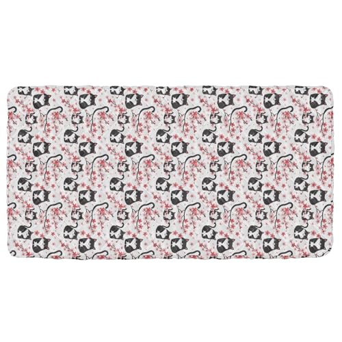 Portable Toddler Bed Sheet for Kids Cartoon Cats and Red Flowers Travel Bed Fitted Sheet