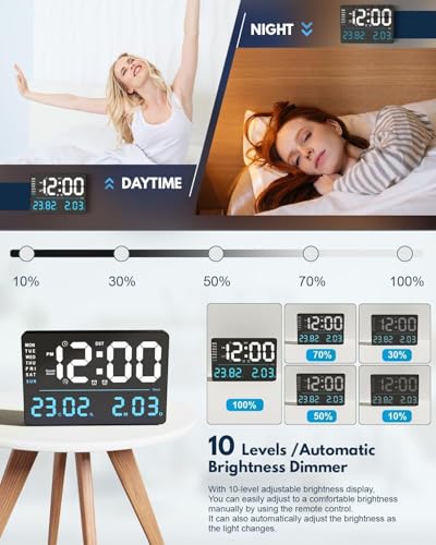 Image of Digital Wall Clock - Large Blue LED Display, Dual Alarms, Auto Brightness, Date, Day & Temperature, Remote Control, Plastic Square Design for Home, Office & Bedroom