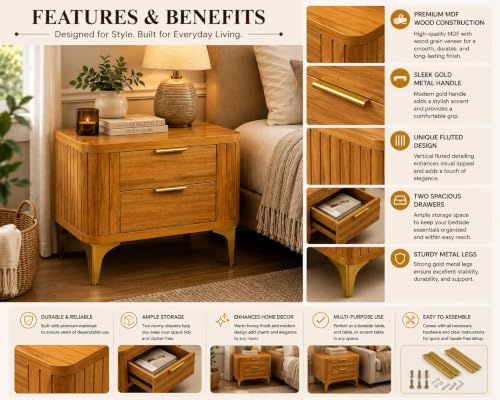 Image of Solid Sheesham Wood Bedside Table for Bedroom & Livingroom | Nightstand End Table with 2 Drawers Storage for Home | Modern & Luxury Design| (Honey Finish 1)