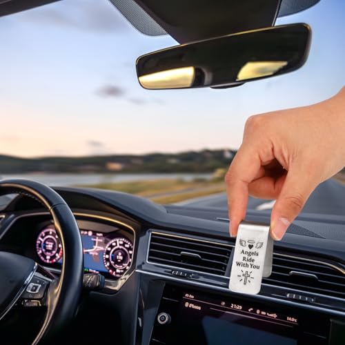 Image of Penitue Engraved Guardian Angel Car Visor Clip, Inspirational Car Visor Clip Driving Safe Accessories for Women Men Family Friend New Driver Gifts (Silver)