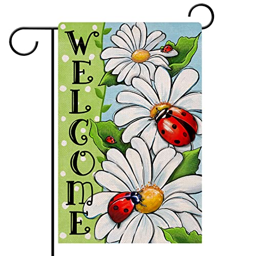 Hzppyz Welcome Spring Daisy Garden Flag Double Sided, Floral Flowers Decorative Yard Outdoor Home Small Decor, Polka Dots Summer Farmhouse Burlap Outside House Decoration 12 X 18 #TOP12