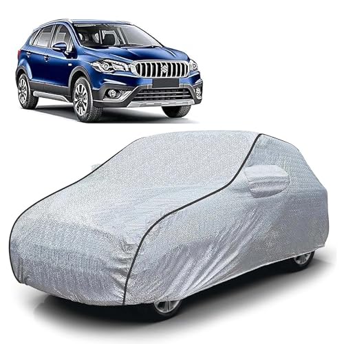 Image of Sulfar 100% Waterproof Car Body Cover Compatible with Mirror for Maruti Suzuki SCross (Triple Stitched, Full Bottom Elastic, Magic Silver with Black Piping)