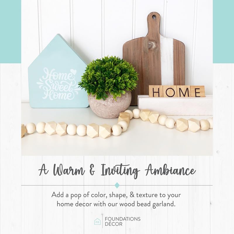 Wood Bead Garland - Wooden Boho Bead Garland with Tassels - Boho Beads Home Decor for Shelf, Table, Wall & Mantel Styling - Colorful Decor Beads by Foundations Décor - Natural Large & Small